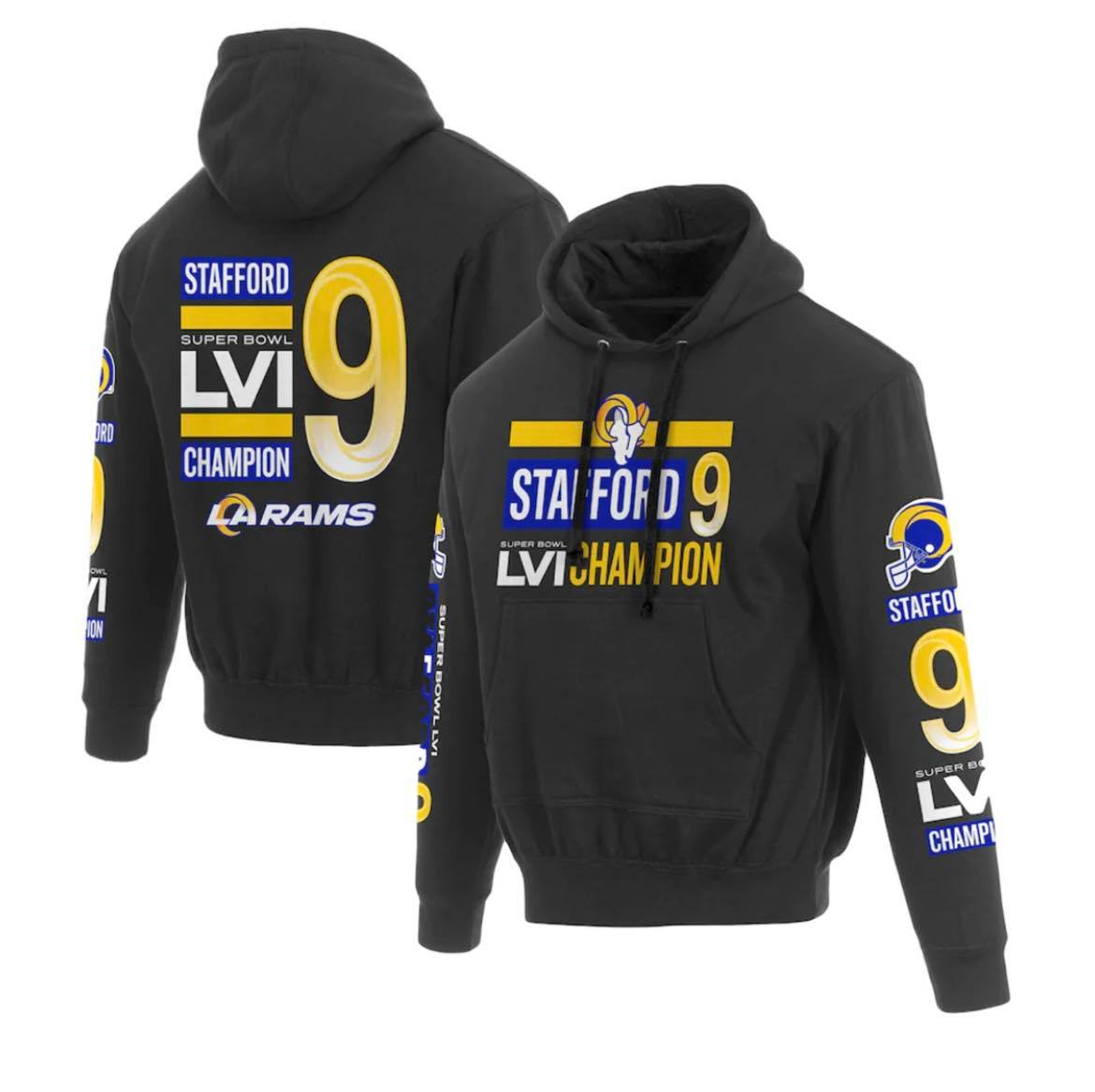 Men's Black Los Angeles Rams #9 Matthew Stafford 2022  Super Bowl LVI Champions Pullover Hoodie